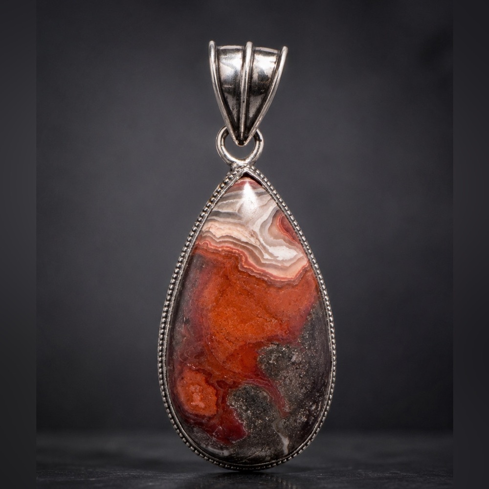 Artisan Silver Red Crazy Lace Agate Teardrop Pendant Handcrafted Western Glam